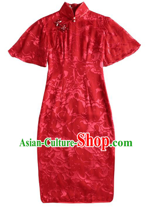 China Classical Wedding Bride Red Cheongsam Traditional Minguo Young Woman Wide Sleeve Qipao Dress