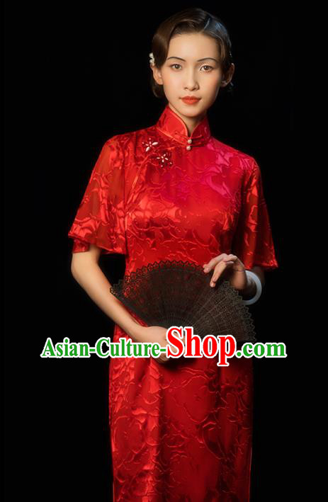 China Classical Wedding Bride Red Cheongsam Traditional Minguo Young Woman Wide Sleeve Qipao Dress