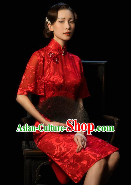 China Classical Wedding Bride Red Cheongsam Traditional Minguo Young Woman Wide Sleeve Qipao Dress