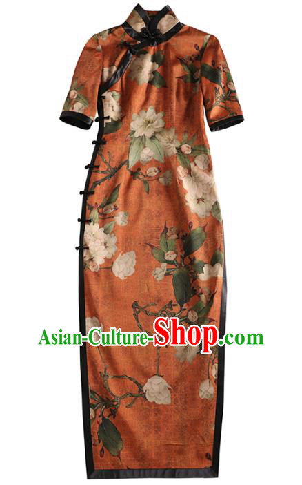 China Classical Printing Flowers Silk Cheongsam Traditional Minguo Gambiered Guangdong Gauze Qipao Dress