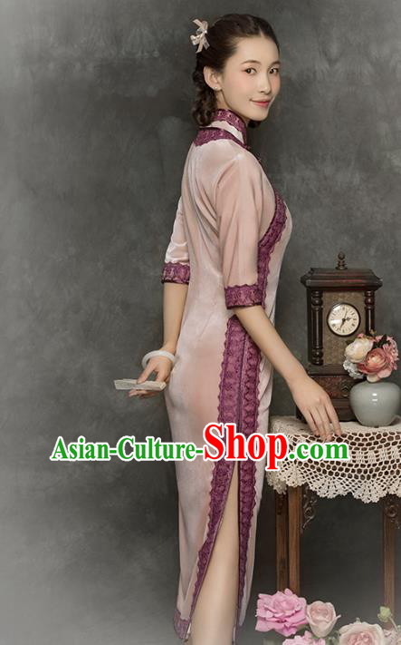 China Classical Pink Velvet Cheongsam Traditional Minguo Young Lady Qipao Dress