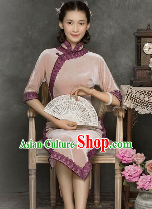 China Classical Pink Velvet Cheongsam Traditional Minguo Young Lady Qipao Dress