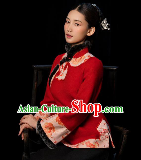 Chinese Tang Suit Red Woolen Jacket National Woman Outer Garment Clothing