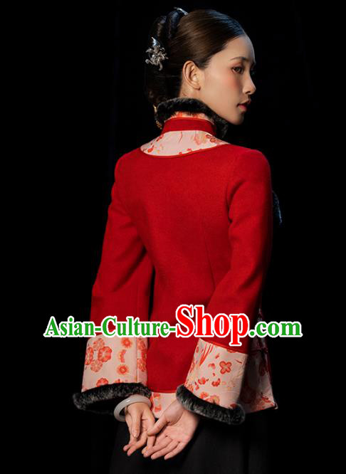 Chinese Tang Suit Red Woolen Jacket National Woman Outer Garment Clothing