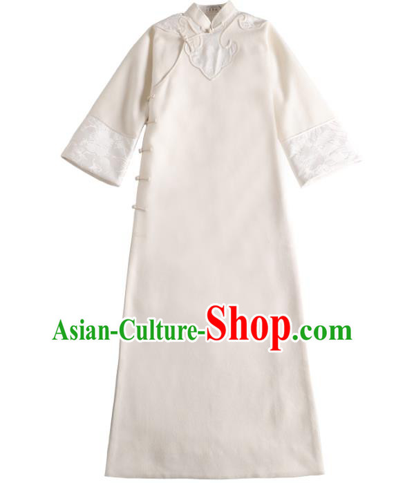 Republic of China Classical White Woolen Cheongsam Traditional Minguo Young Woman Winter Qipao Dress
