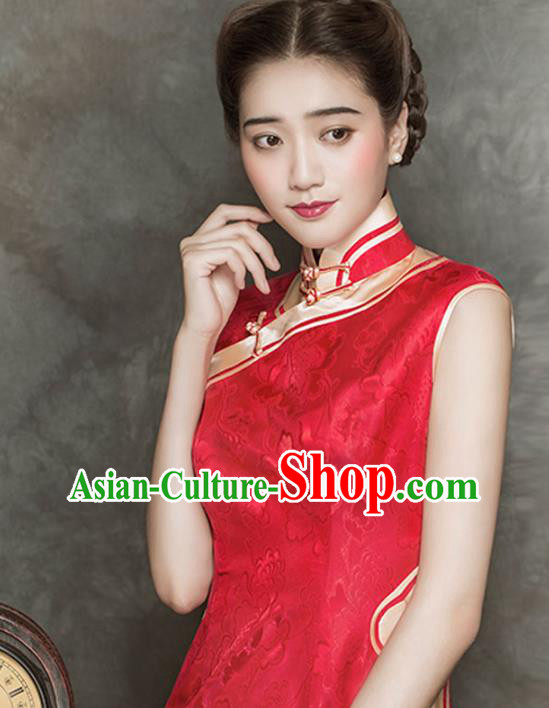China Modern Red Silk Cheongsam Traditional Wedding Bride Short Qipao Dress