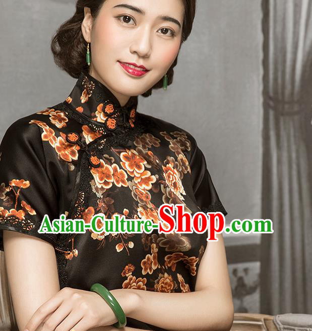 China Classical Shanghai Rich Woman Cheongsam Traditional Minguo Young Mistress Black Silk Qipao Dress