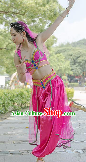 Indian Bollywood Princess Jasmine Rosy Top and Pants Folk Dance Performance Clothing Belly Dance Uniforms