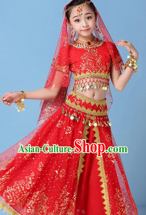 Indian Bollywood Performance Top and Skirt Children Dance Clothing Girls Belly Dance Red Uniforms