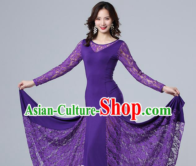 Top Ballroom Waltz Dance Purple Lace Dress Stage Performance Fashion Modern Dance Clothing
