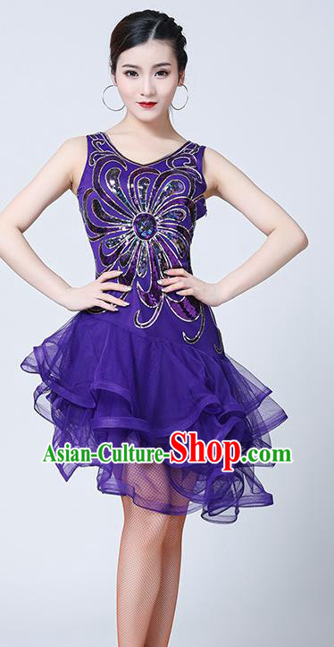 Top Latin Dance Purple Bubble Dress Stage Performance Competition Dancewear Modern Rumba Dance Clothing