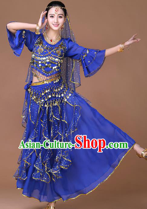 Indian Sexy Dance Clothing Belly Dance Training Royalblue Uniforms Bollywood Dance Sequins Blouse and Skirt