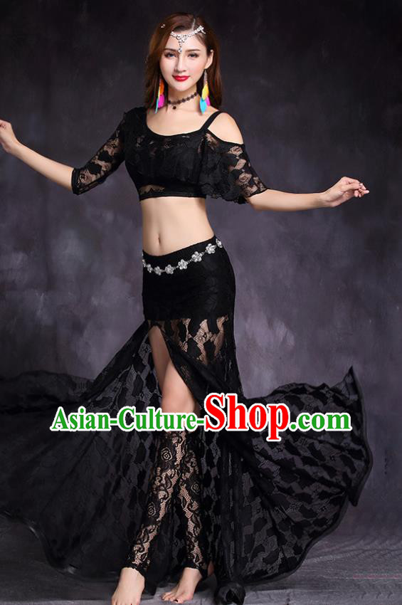 Professional Belly Dance Stage Performance Costume Indian Raks Sharki Black Lace Top and Skirt Asian Oriental Dance Uniforms