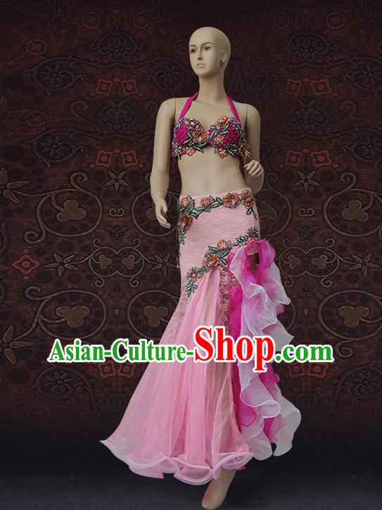 Asian Raks Sharki Performance Uniforms Indian Belly Dance Costumes Oriental Dance Bra and Pink Lace Skirt