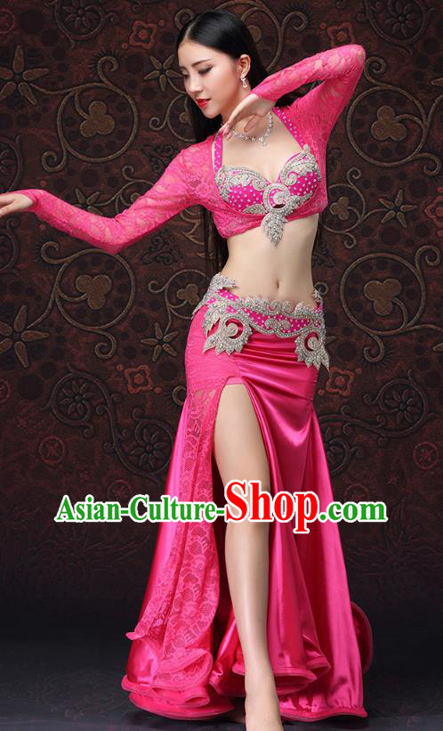 Asian Belly Dance Costumes Oriental Dance Green Bra and Rosy Lace Skirt Indian Performance Uniforms