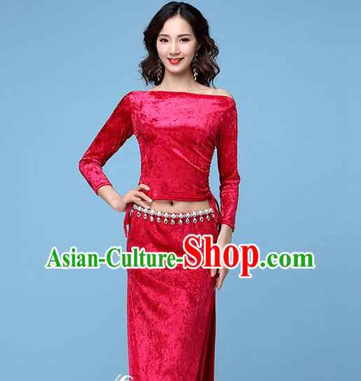 Asian Oriental Dance Rosy Velvet Apparels Stage Performance Costume Professional Indian Belly Dance Blouse and Skirt
