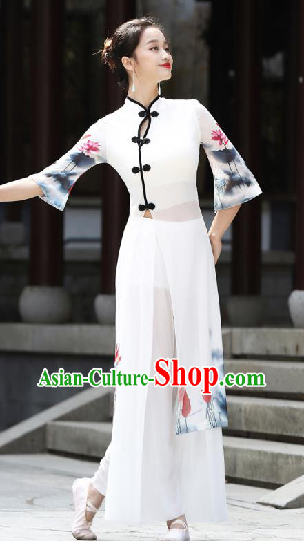 China Stage Performance Dancewear Classical Dance Clothing Ink Painting Lotus White Top Dress