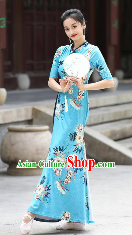 China Palace Fan Dance Printing Blue Qipao Dress Stage Performance Dancewear Classical Dance Clothing