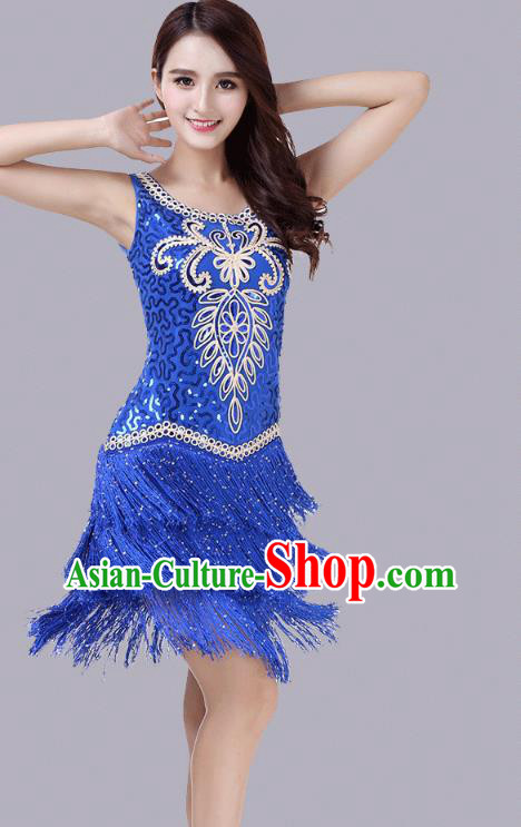 Top Latin Dance Royalblue Tassel Dress Stage Performance Dancewear Modern Dance Competition Clothing