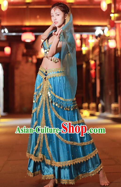 Indian Jasmine Princess Blue Sequins Blouse and Skirt Traditional Belly Dance Uniforms Asian Bollywood Performance Clothing