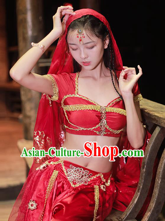 Asian Bollywood Performance Clothing Indian Jasmine Princess Red Sequins Blouse and Skirt Traditional Belly Dance Uniforms