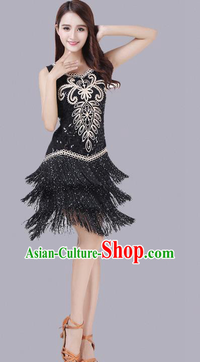 Top Stage Performance Dancewear Modern Dance Competition Clothing Latin Dance Black Tassel Dress
