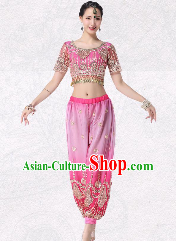 Asian Belly Dance Costume Indian Stage Performance Pink Blouse and Pink Pants Traditional Dance Dress