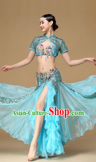 Asian Belly Dance Blue Dress Stage Performance Blue Top and Skirt Indian Oriental Dance Clothing