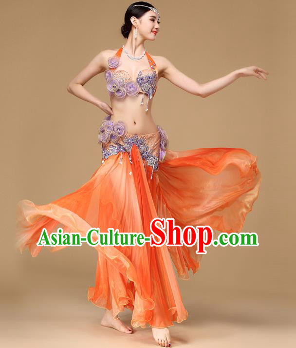 Indian Belly Dance Performance Bra and Orange Skirt Asian Oriental Dance Dress Clothing