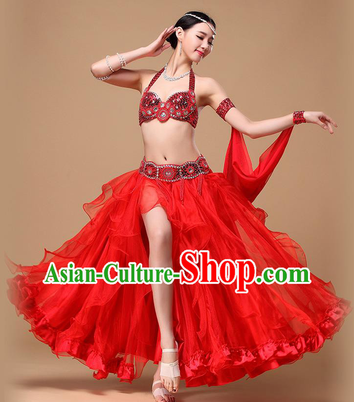 Indian Oriental Dance Clothing Asian Stage Performance Bra and Skirt Top Belly Dance Competition Red Dress