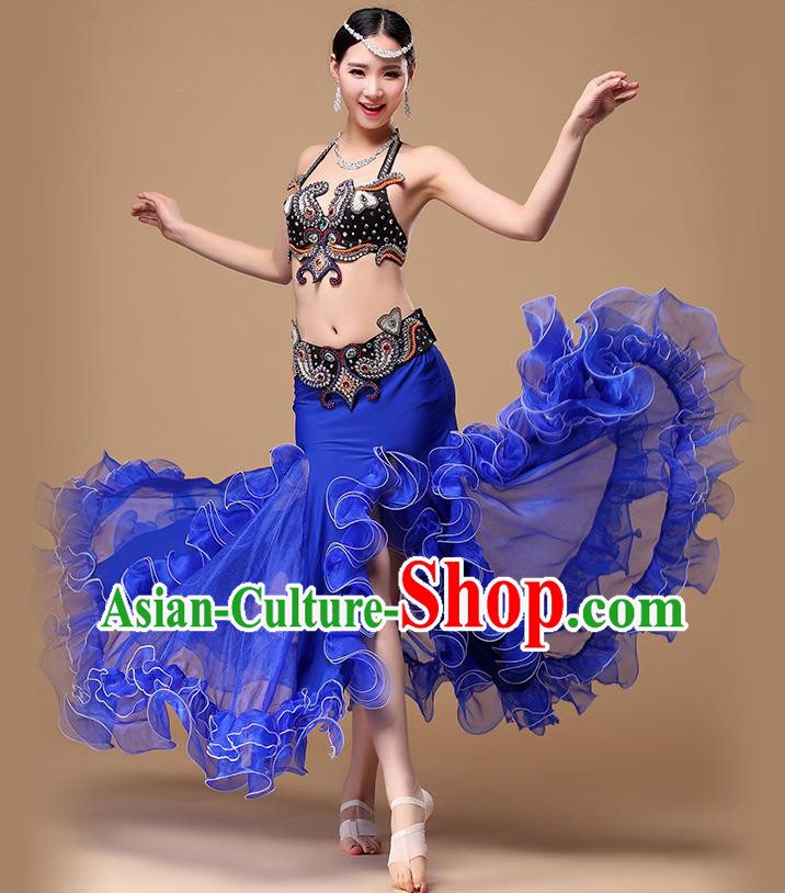 Asian Oriental Dance Clothing Indian Traditional Stage Performance Black Bra and Royalblue Fishtail Skirt Belly Dance Uniforms