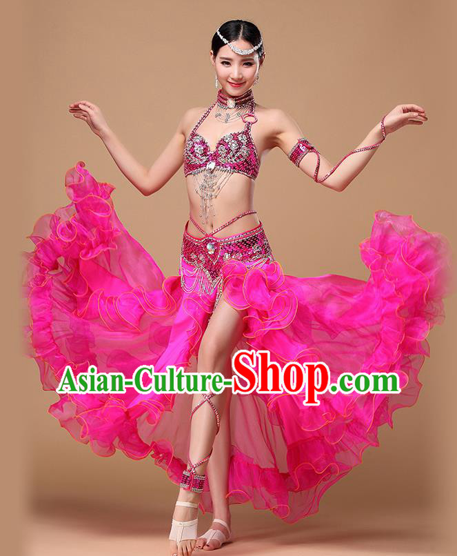 Indian Traditional Belly Dance Rosy Uniforms Asian Oriental Dance Costumes Performance Beads Tassel Bra and Skirt