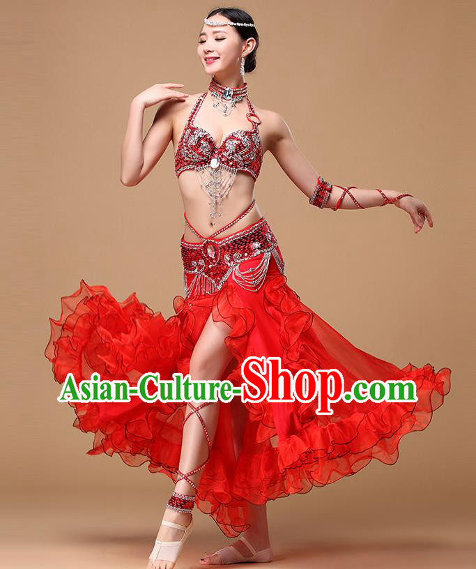 Indian Performance Beads Tassel Bra and Skirt Traditional Belly Dance Red Uniforms Asian Oriental Dance Costumes