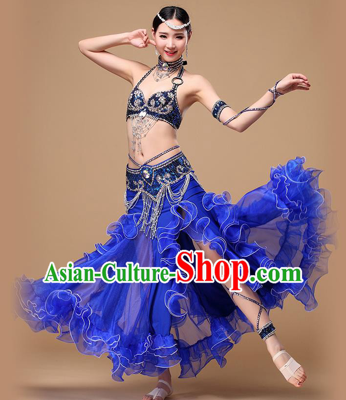 Asian Oriental Dance Costumes Indian Performance Beads Tassel Bra and Skirt Traditional Belly Dance Royalblue Uniforms