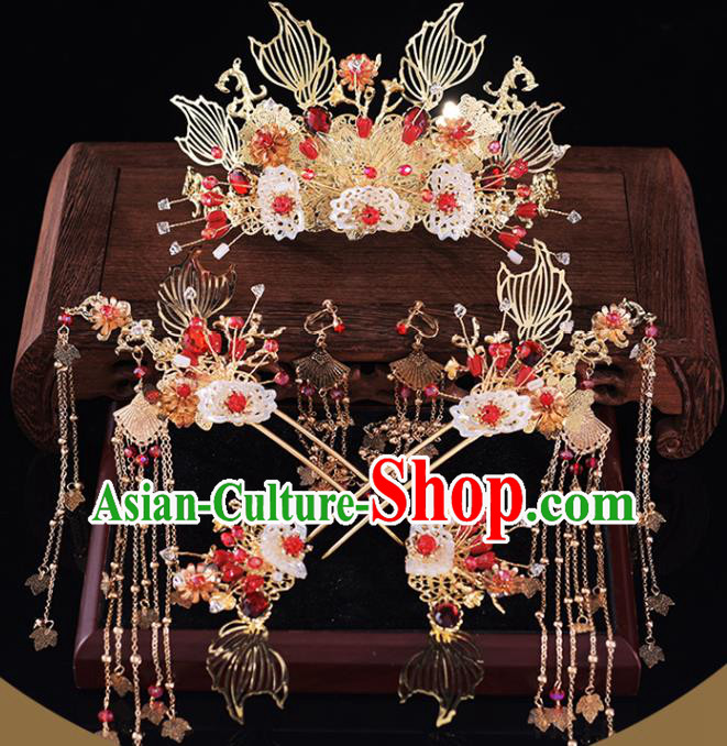 Chinese Classical Xiuhe Suit Shell Hair Crown and Hairpins Traditional Wedding Hair Accessories