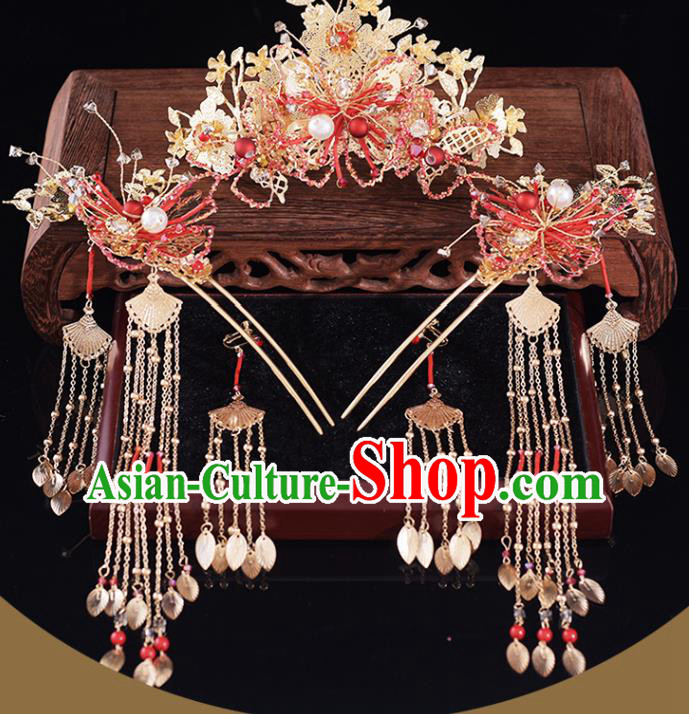 Chinese Traditional Wedding Hair Accessories Classical Xiuhe Suit Hair Crown and Tassel Hairpins Bride Headdress