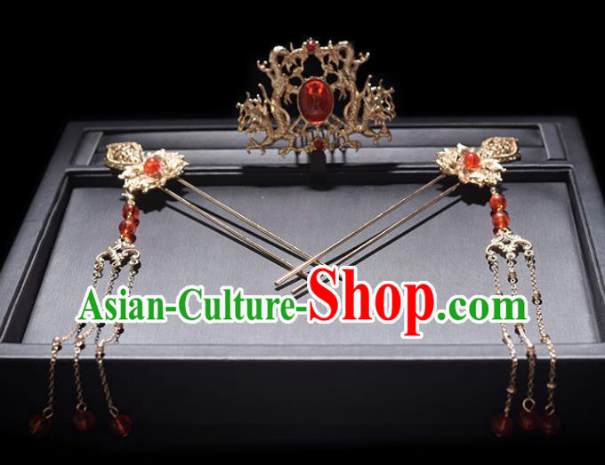 Chinese Classical Tang Dynasty Hair Comb and Tassel Hairpins Bride Headdress Traditional Wedding Hair Accessories