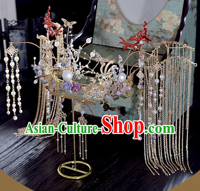 Chinese Classical Tassel Phoenix Coronet Bride Headdress Traditional Wedding Hair Accessories Xiuhe Suit Hair Crown