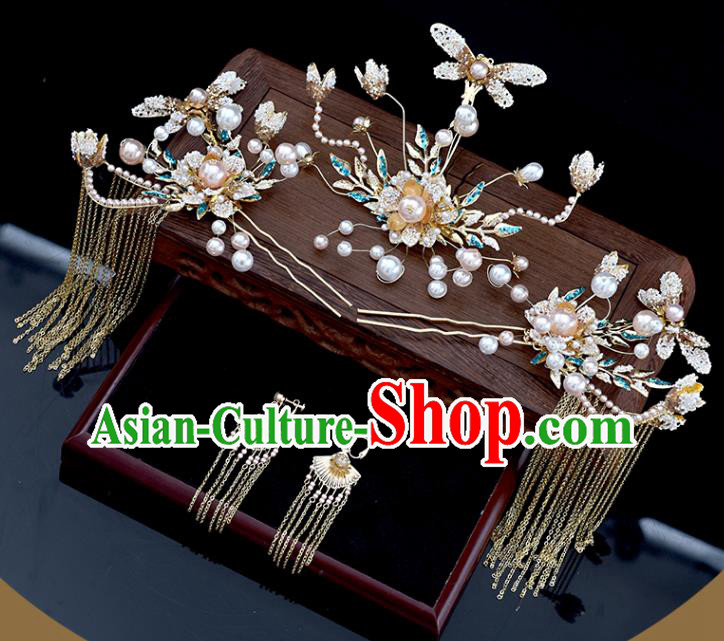Chinese Classical Bride Headdress Traditional Wedding Hair Accessories Xiuhe Suit Dragonfly Hair Comb Hairpins