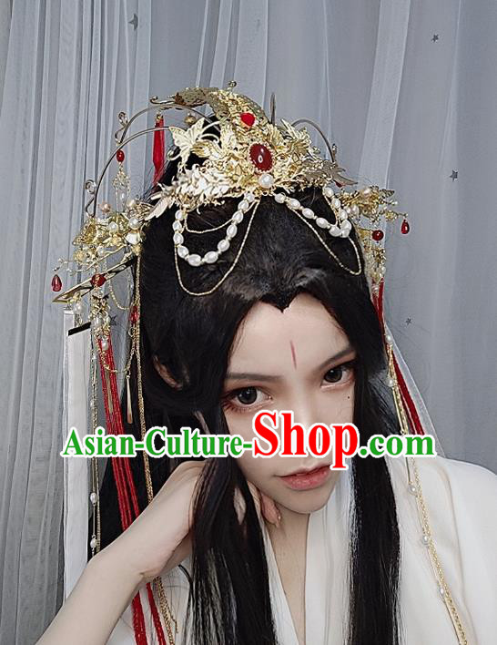 Chinese Ancient Swordswoman Wedding Hair Accessories Traditional Jin Dynasty Princess Golden Phoenix Coronet Headdress