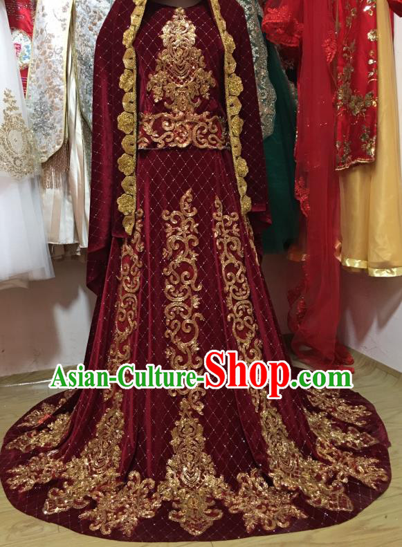 Asian India Bride Lehenga Dress Garment Indian Traditional Wedding Wine Red Velvet Clothing