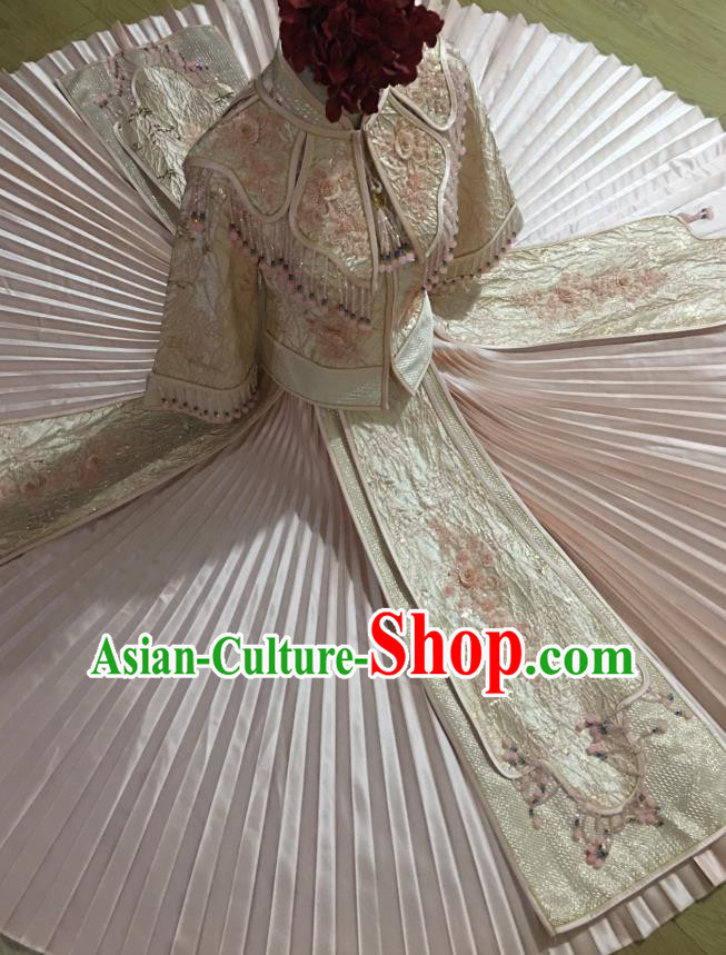 Chinese Traditional Wedding Garment Costumes Bride Pink Xiuhe Suits Hui Ethnic Woman Dress Clothing