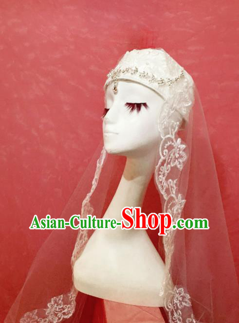 Chinese Traditional Hui Nationality Wedding Headdress Ethnic Bride Embroidered White Veil Hat
