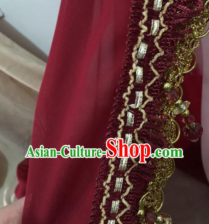 Chinese Ethnic Bride Wine Red Veil Traditional Hui Nationality Wedding Headdress