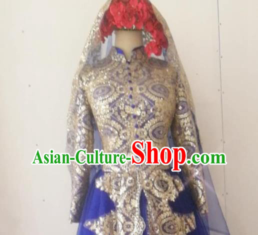 Chinese Traditional Wedding Garment Costumes Classical Embroidered Royalblue Dress Hui Ethnic Bride Clothing