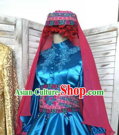 Chinese Hui Ethnic Bride Clothing Traditional Wedding Garment Costumes Classical Embroidered Royalblue Dress and Hat