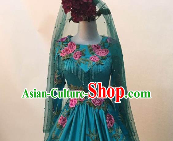 Chinese Classical Embroidered Green Full Dress Traditional Wedding Garment Costumes Hui Ethnic Bride Clothing