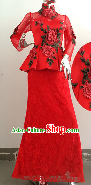 Chinese Ethnic Bride Red Lace Clothing Classical Embroidered Full Dress Traditional Hui Nationality Wedding Garment Costumes