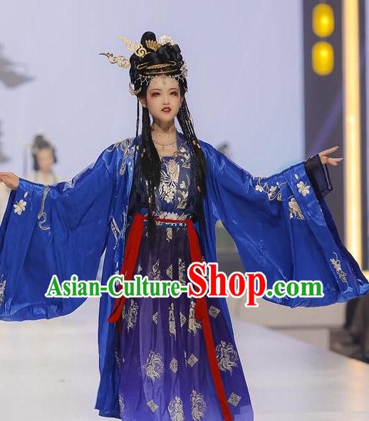 China Ancient Palace Princess Blue Hanfu Dress Garments Traditional Tang Dynasty Court Beauty Dance Clothing