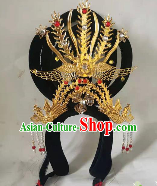 Chinese Beijing Opera Hua Tan Headdress Classical Dance Hair Accessories Traditional Stage Performance Wigs and Golden Phoenix Hair Crown